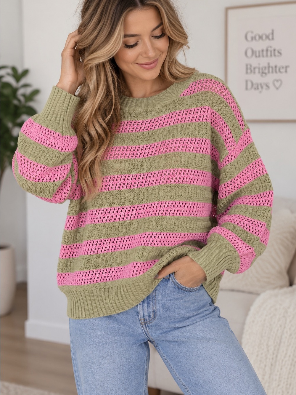 Wishlist Pink & Sage Green Striped Open Knit Sweater Size Small NWT